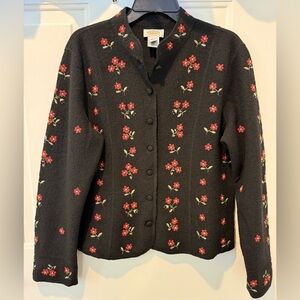 Talbots 100% Wool Embroidered Poinsettia Flower Vintage Sweater Jacket Sz L